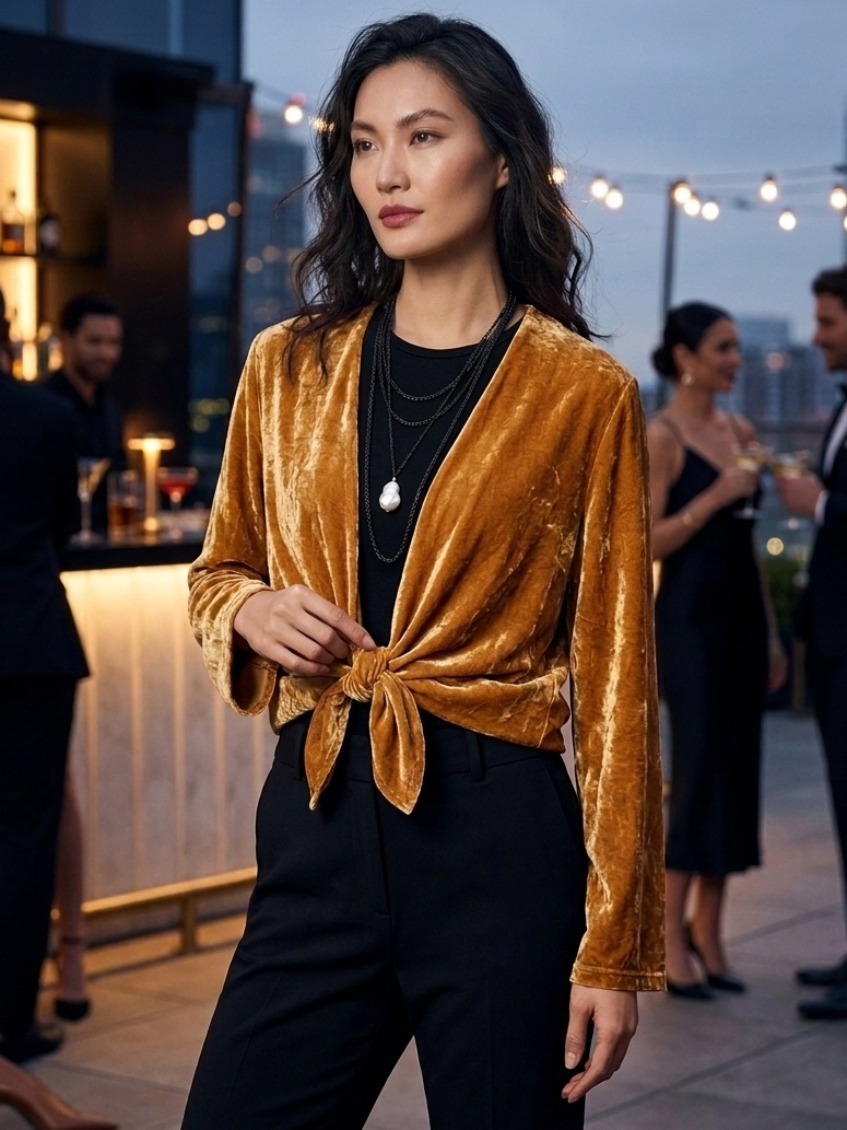 Reformation Fez Velvet Tie-Front Gold Blouse